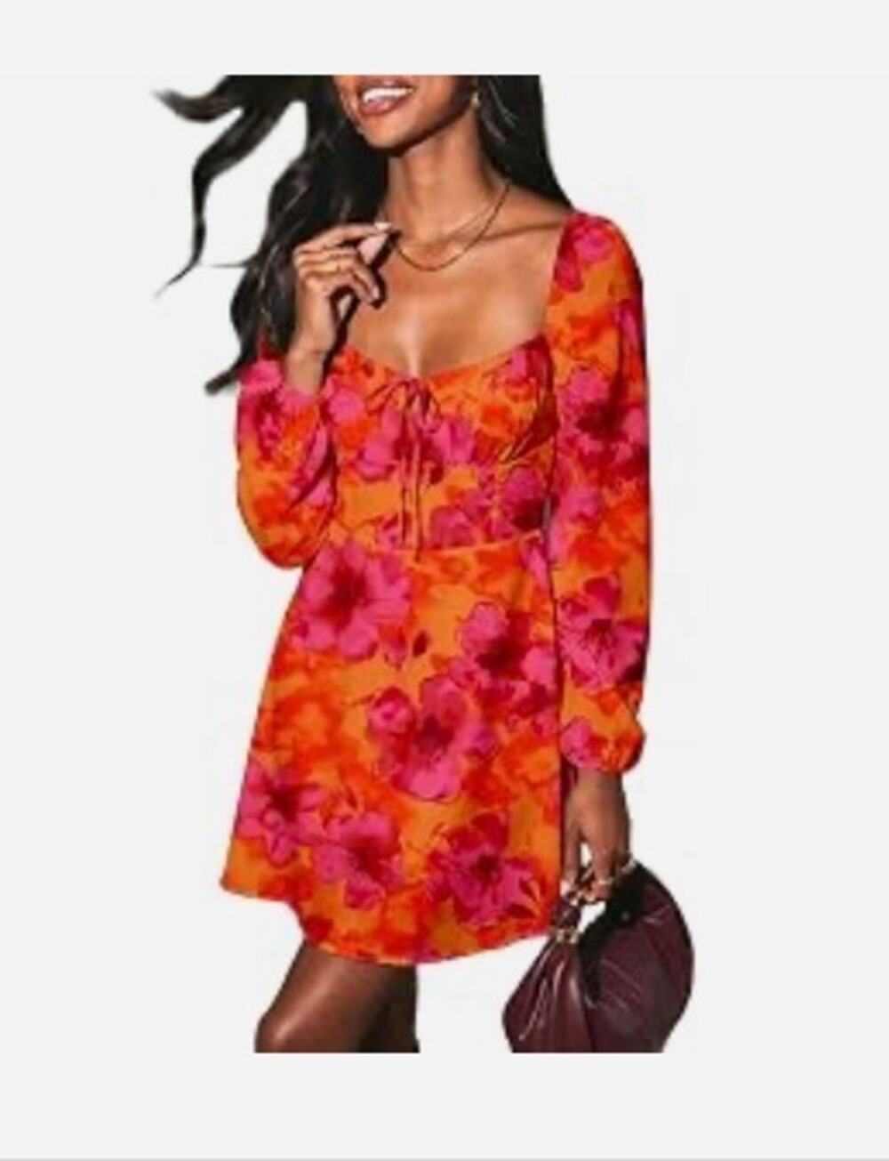 Blencot Women’s Floral Print Long Sleeve Mini Dress Large NWT Pink Orange